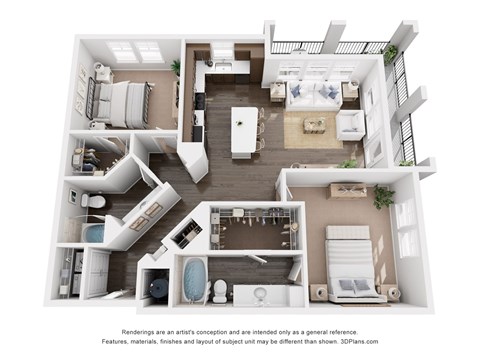 Floor plan for 2 beds, 2 baths, 1221 sqft